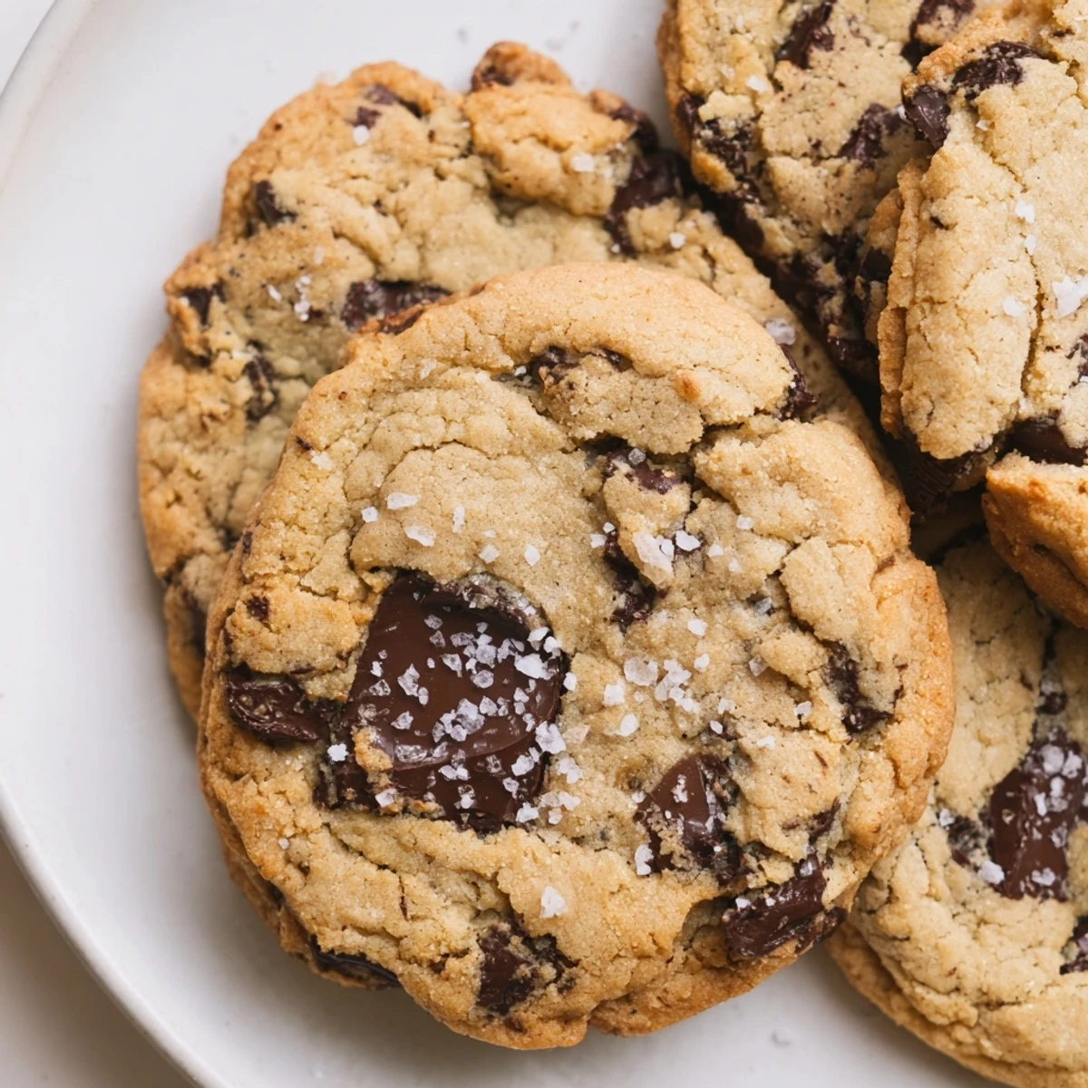 Freshly baked Miso Chocolate Chip Cookies on a cooling rack, with gooey chocolate chunks and a sprinkle of flaky sea salt.