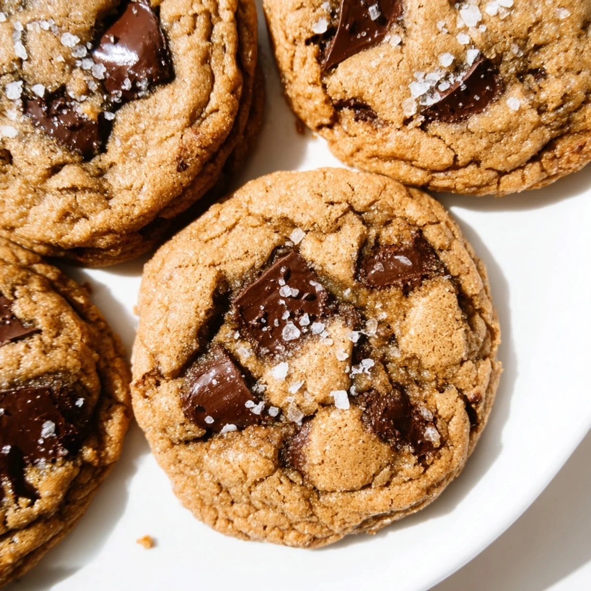 A close-up of golden brown Miso Chocolate Chip Cookies stacked on a plate, next to a cold glass of milk.