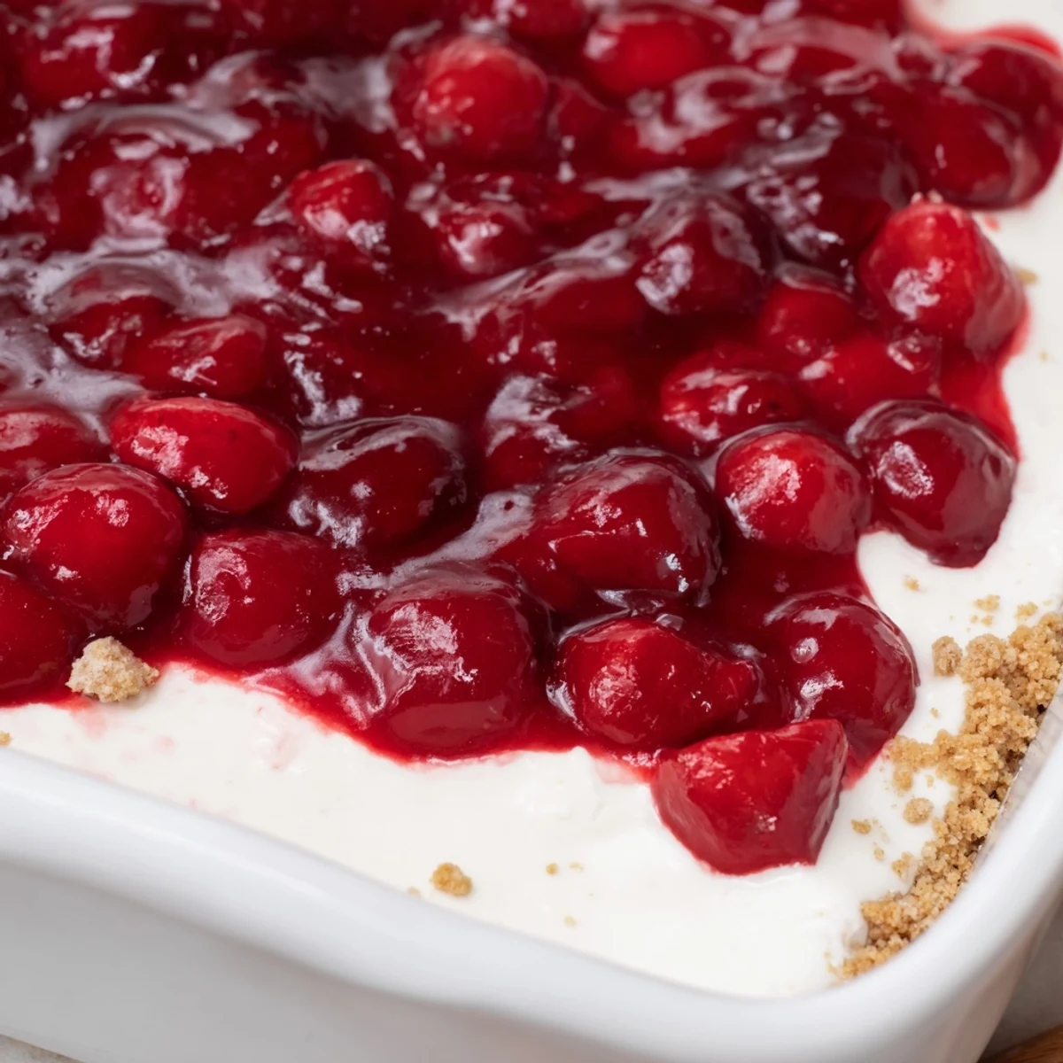 A close-up of Classic Cherry Delight dessert with a creamy layer and ruby-red cherries on a graham cracker crust.
