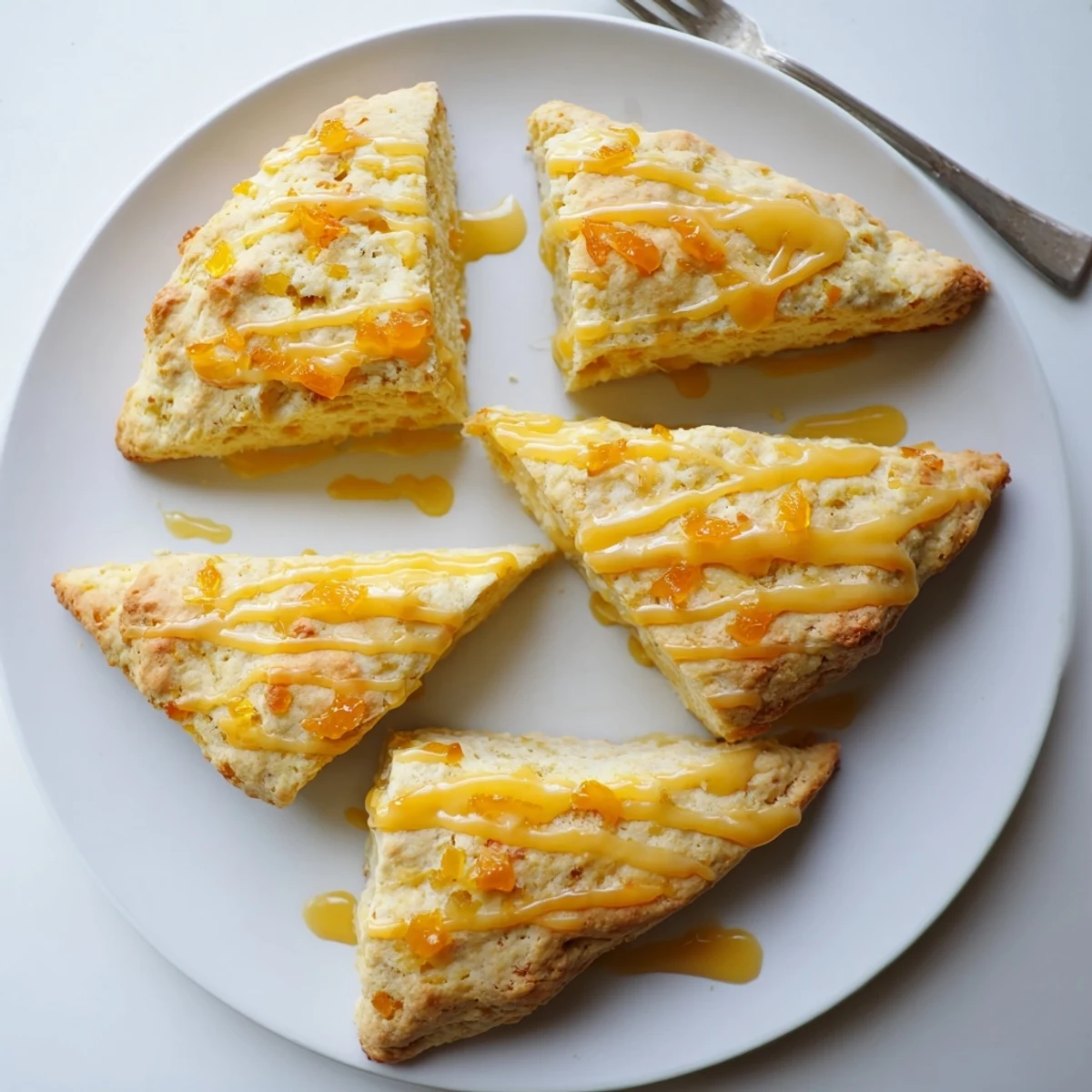 Golden-brown Candied Ginger Orange Scones, fresh from the oven with a drizzle of glaze, perfect for breakfast.