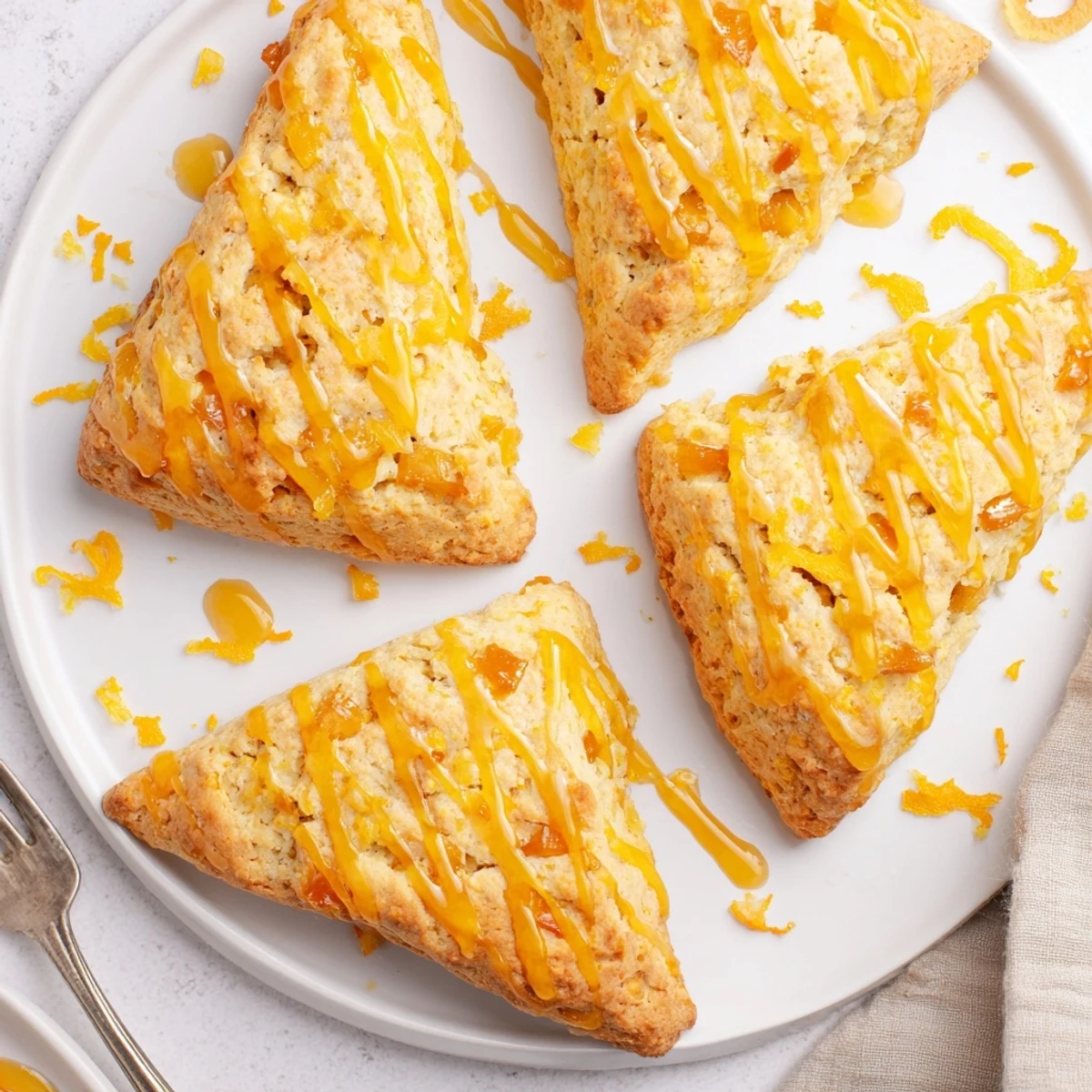 Warm Candied Ginger Orange Scones served beside a cup of Earl Grey tea on a rustic table.