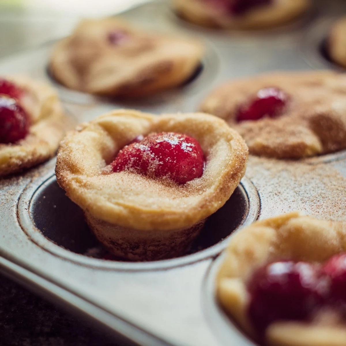 Golden-brown Quick Cherry Pie Bites in a mini muffin tin with bubbly red filling, served on a wire rack.