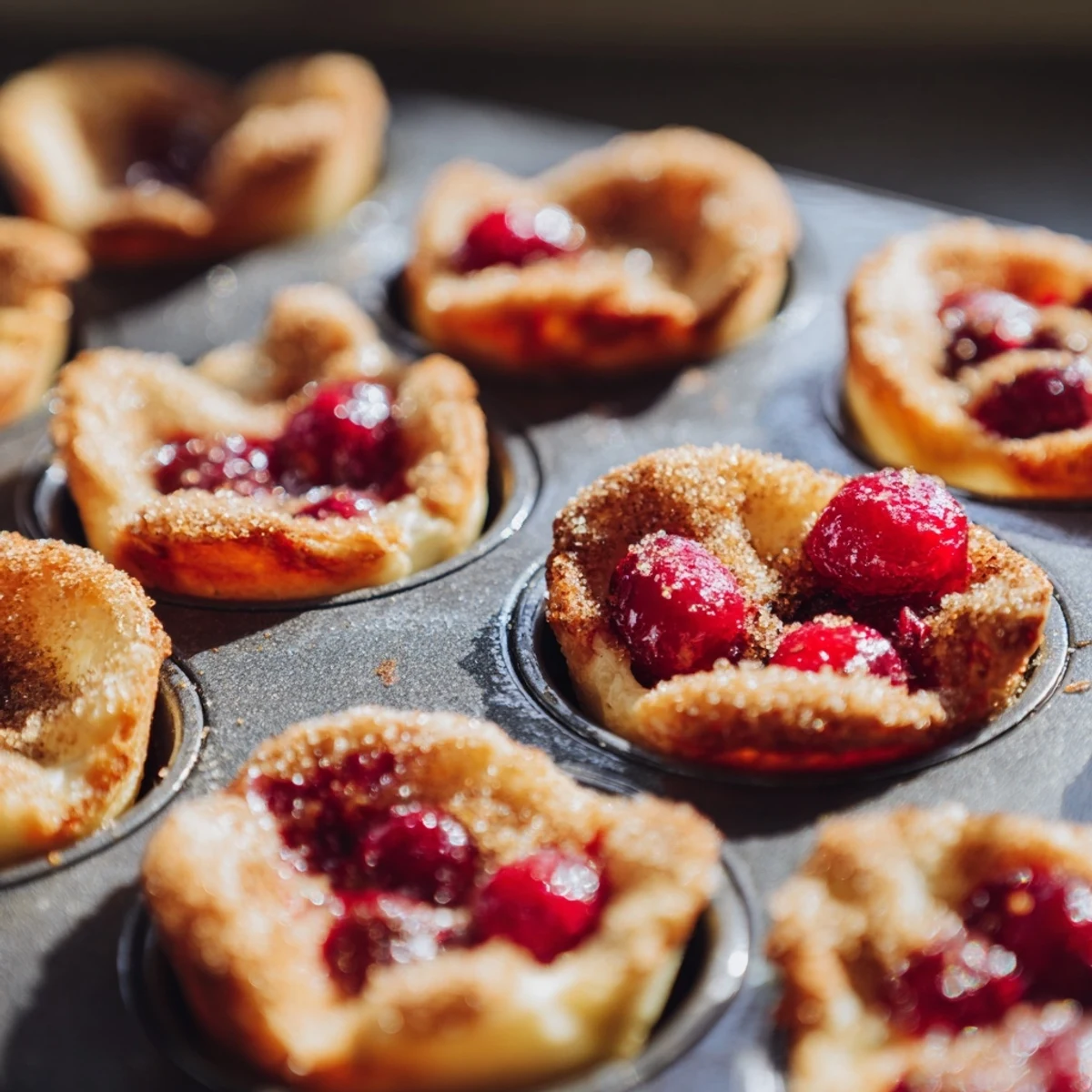 Bite-sized Quick Cherry Pie Bites with flaky pastry, sweet cherry filling, and a sprinkle of cinnamon sugar.