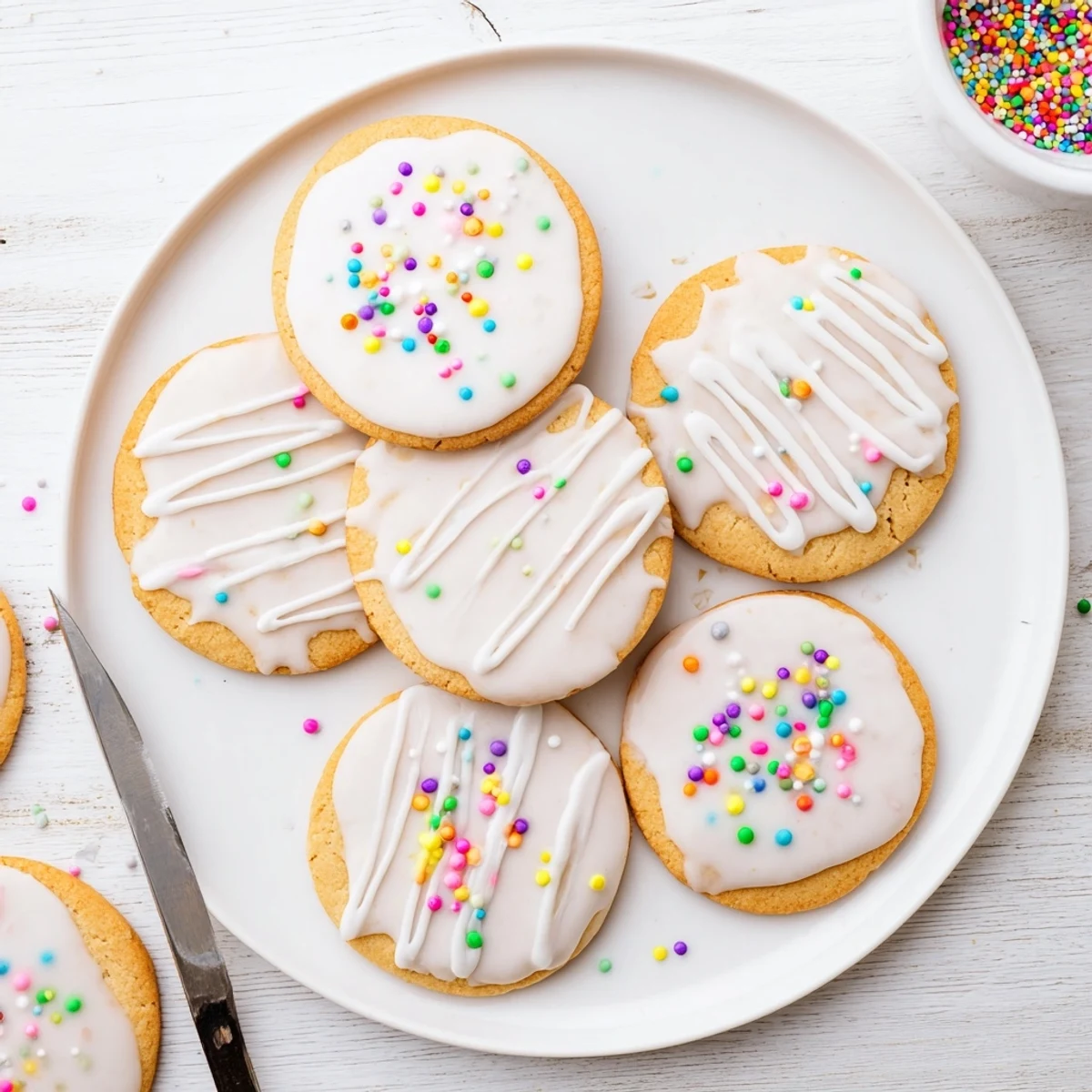 Sugar Cookie Icing glistens on sugar cookies, with sprinkles nearby for festive decoration fun.