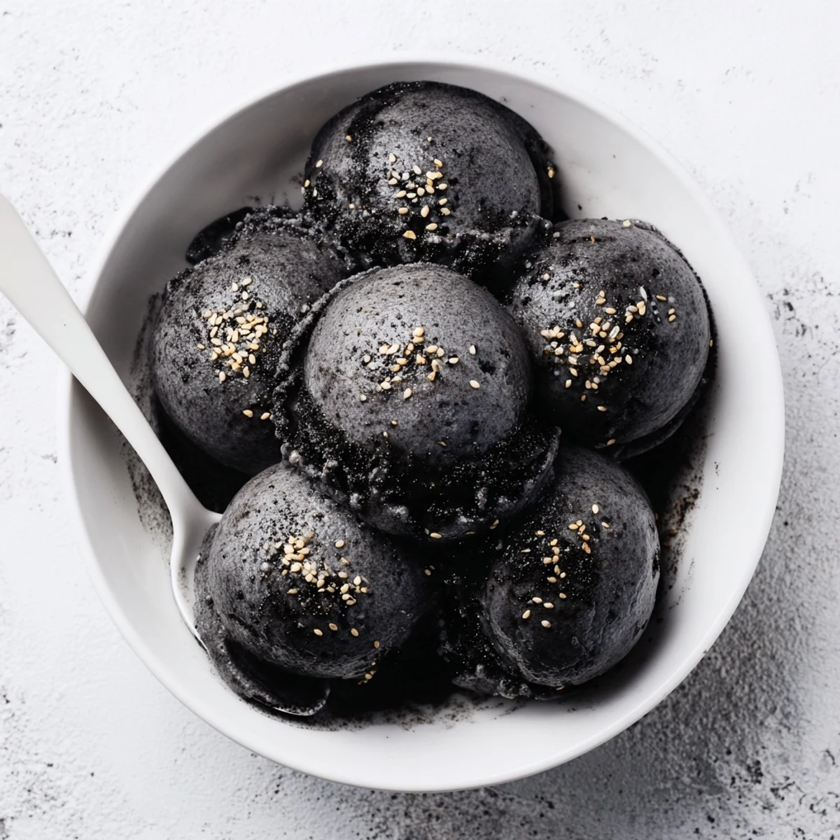 Creamy Toasted Black Sesame Ice Cream served in a waffle cone with a dark drizzle.