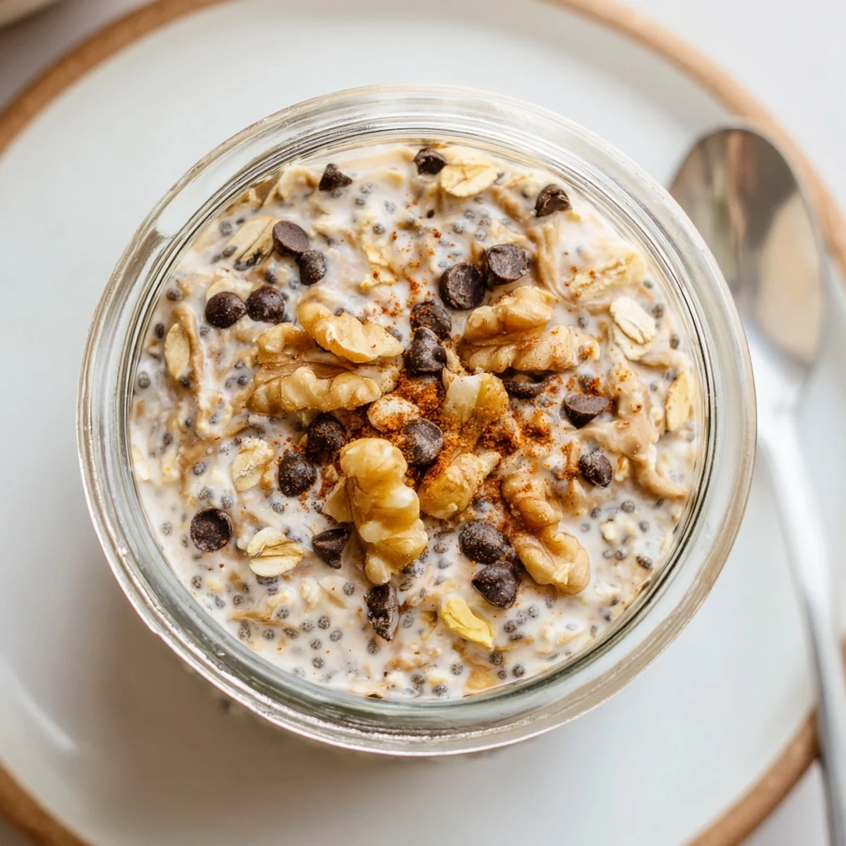Creamy overnight oats topped with mini chocolate chips, served in a jar for a wholesome cookie dough inspired breakfast.