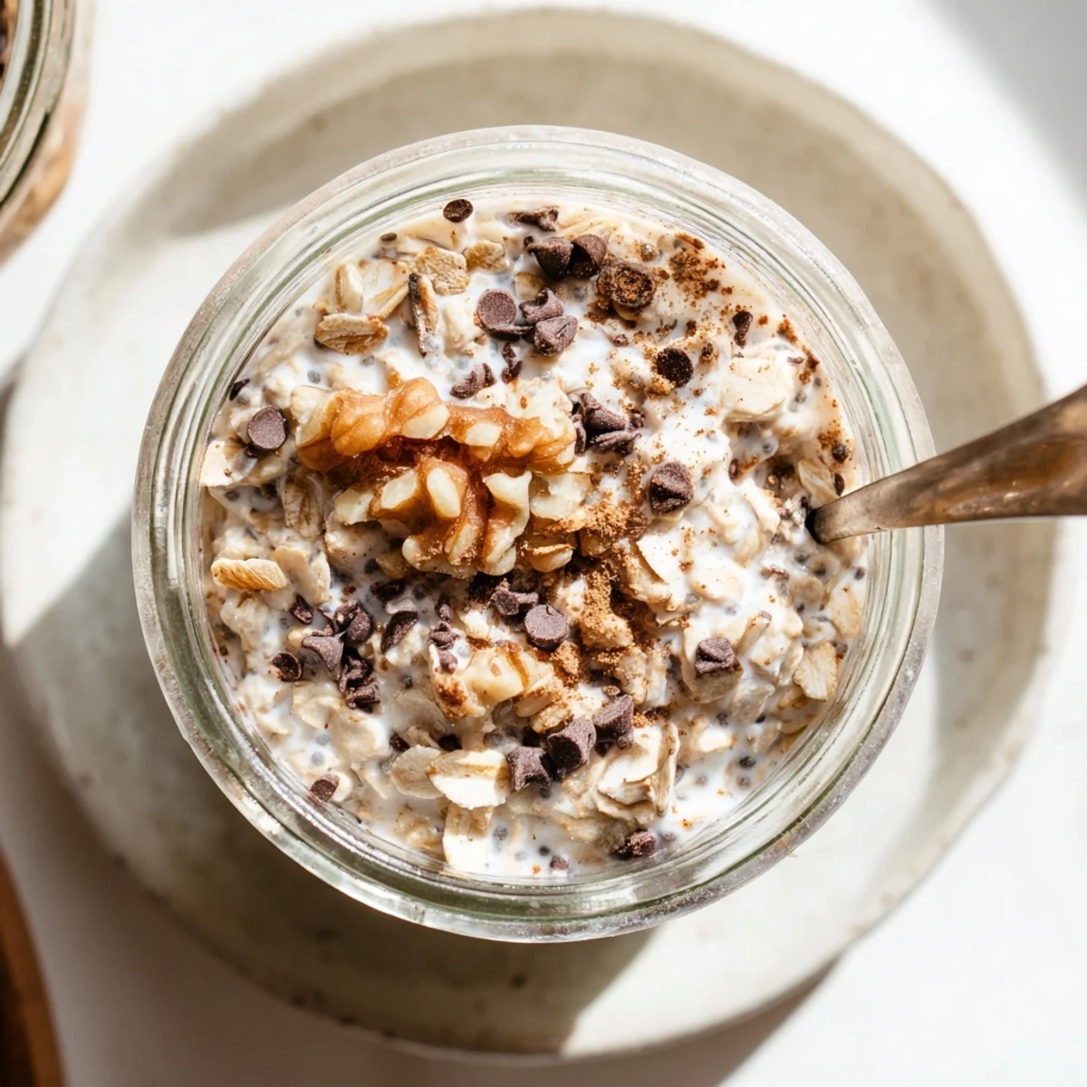 Enjoy a spoonful of chilled cookie dough overnight oats, with crunchy nuts and a swirl of almond butter.