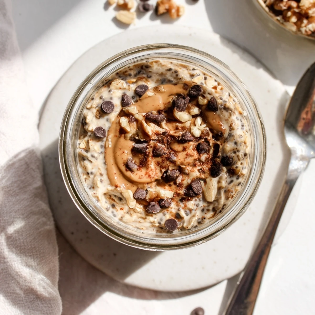 Morning light shows a jar of cookie dough overnight oats, sprinkled with chocolate chips and ready to eat.