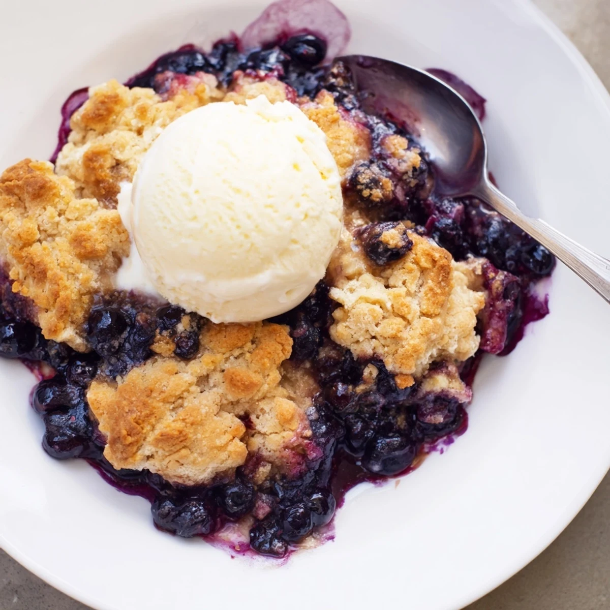 Fresh blueberry juices glisten in this Moist Blueberry Cobbler With Frozen Berries beside a vintage fork on a wooden table.