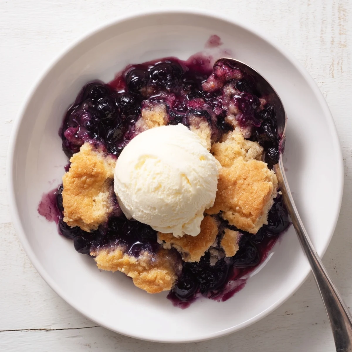 Warm scoop of vanilla ice cream melting over freshly baked Moist Blueberry Cobbler With Frozen Berries served in a dish.