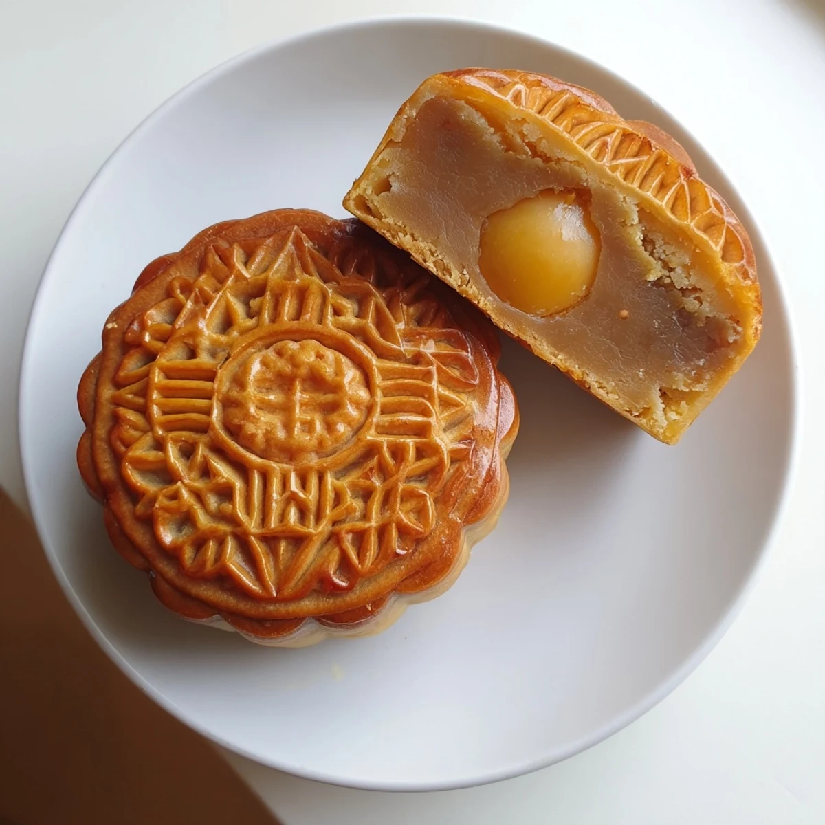A beautifully baked Mooncake with golden-brown pastry, showing intricate floral pattern, served on a decorative plate with tea.