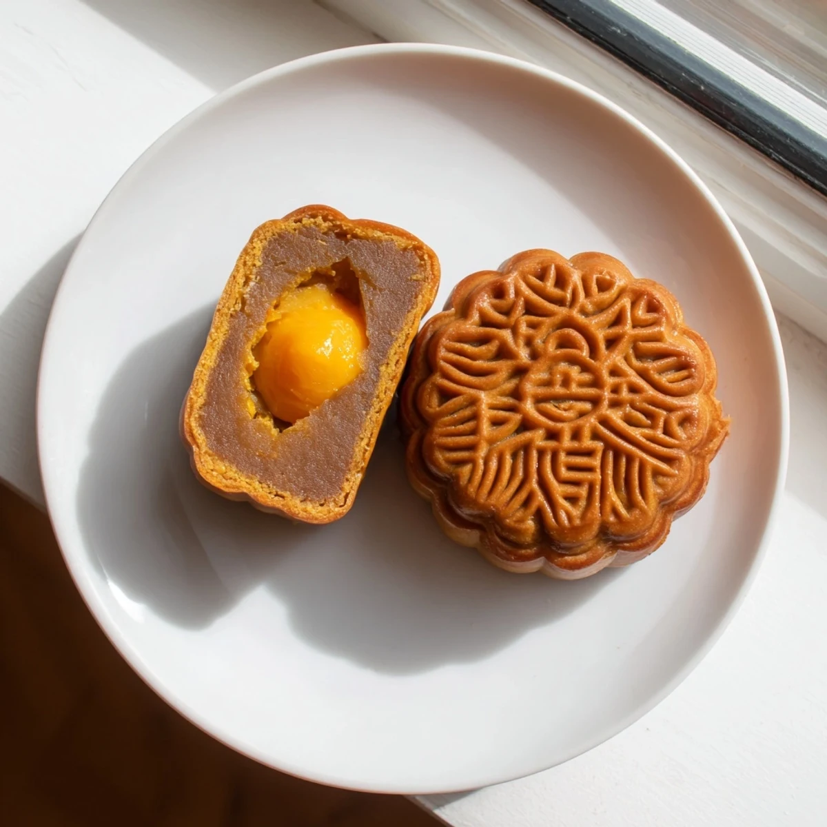 This classic Mooncake recipe reveals a tender crust and rich lotus paste filling, sliced to show the savory yolk center.