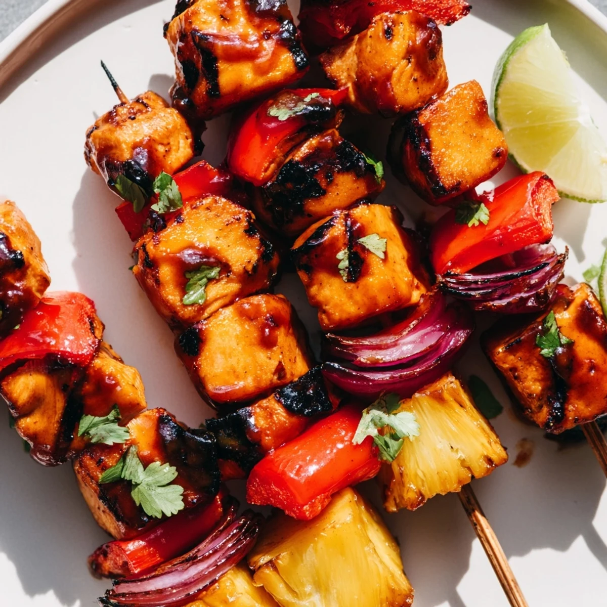 Grilled Chicken and Pineapple BBQ Skewers glistening with smoky char on a summer barbecue.