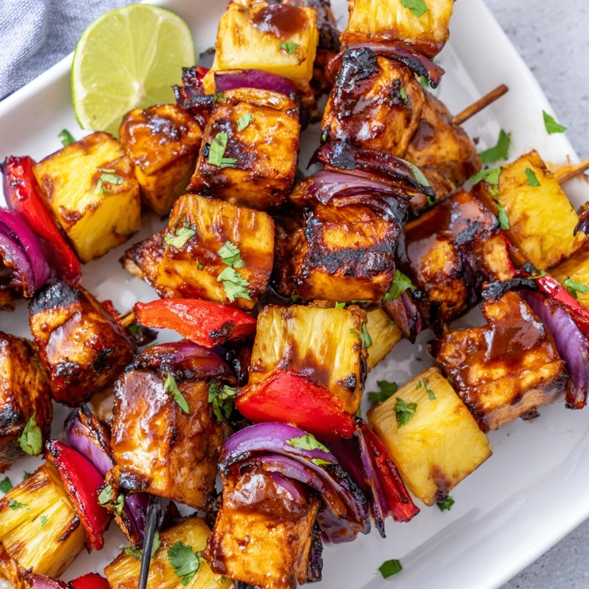 Juicy Chicken and Pineapple BBQ Skewers served with lime wedges on a rustic platter.