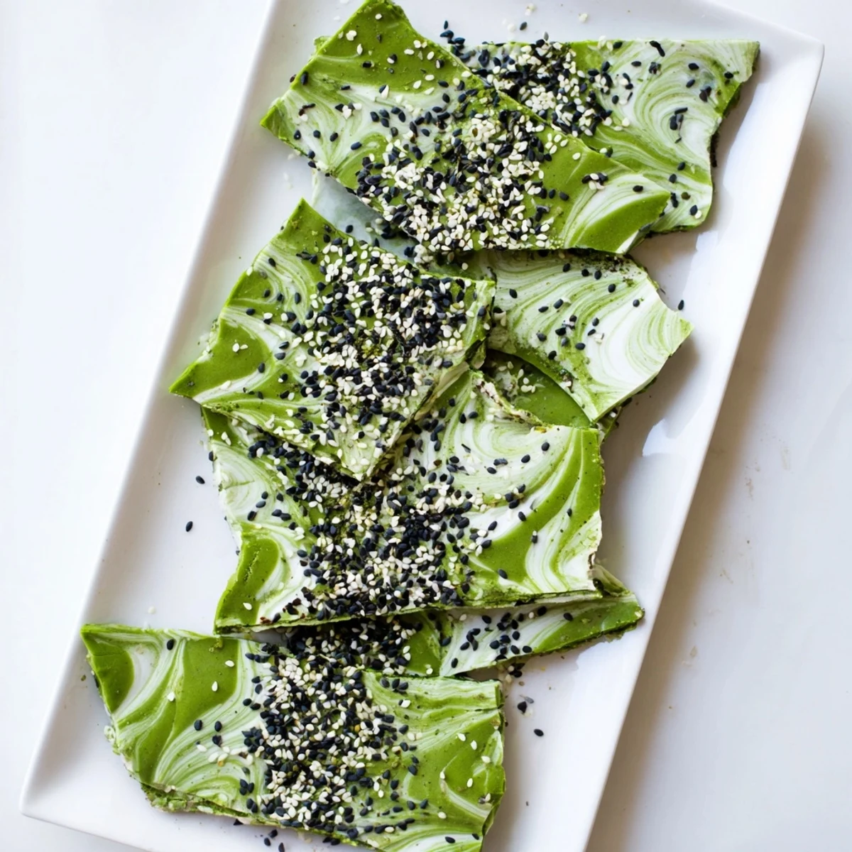 Sliced pieces of Black Sesame Matcha Bark show a marbled green and white texture, sprinkled with black and white sesame seeds.