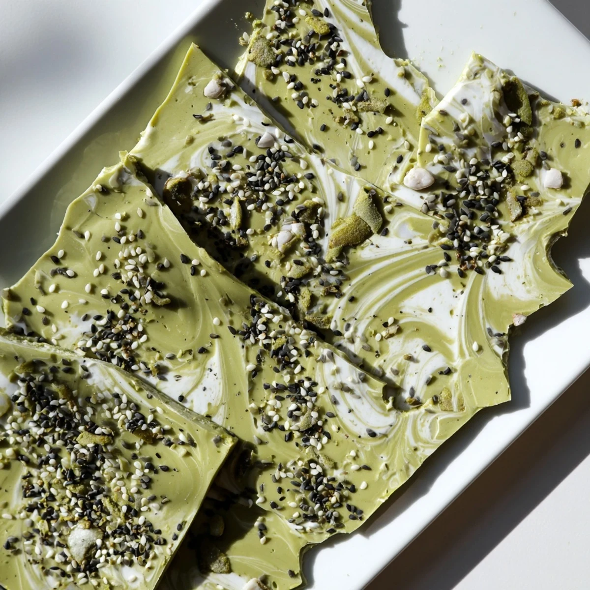 A close-up of Black Sesame Matcha Bark with creamy white chocolate swirled with vibrant green matcha and toasted sesame seeds.