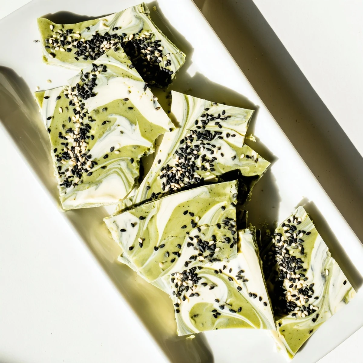 Broken shards of Black Sesame Matcha Bark on a plate, ready to serve with a cup of green tea.