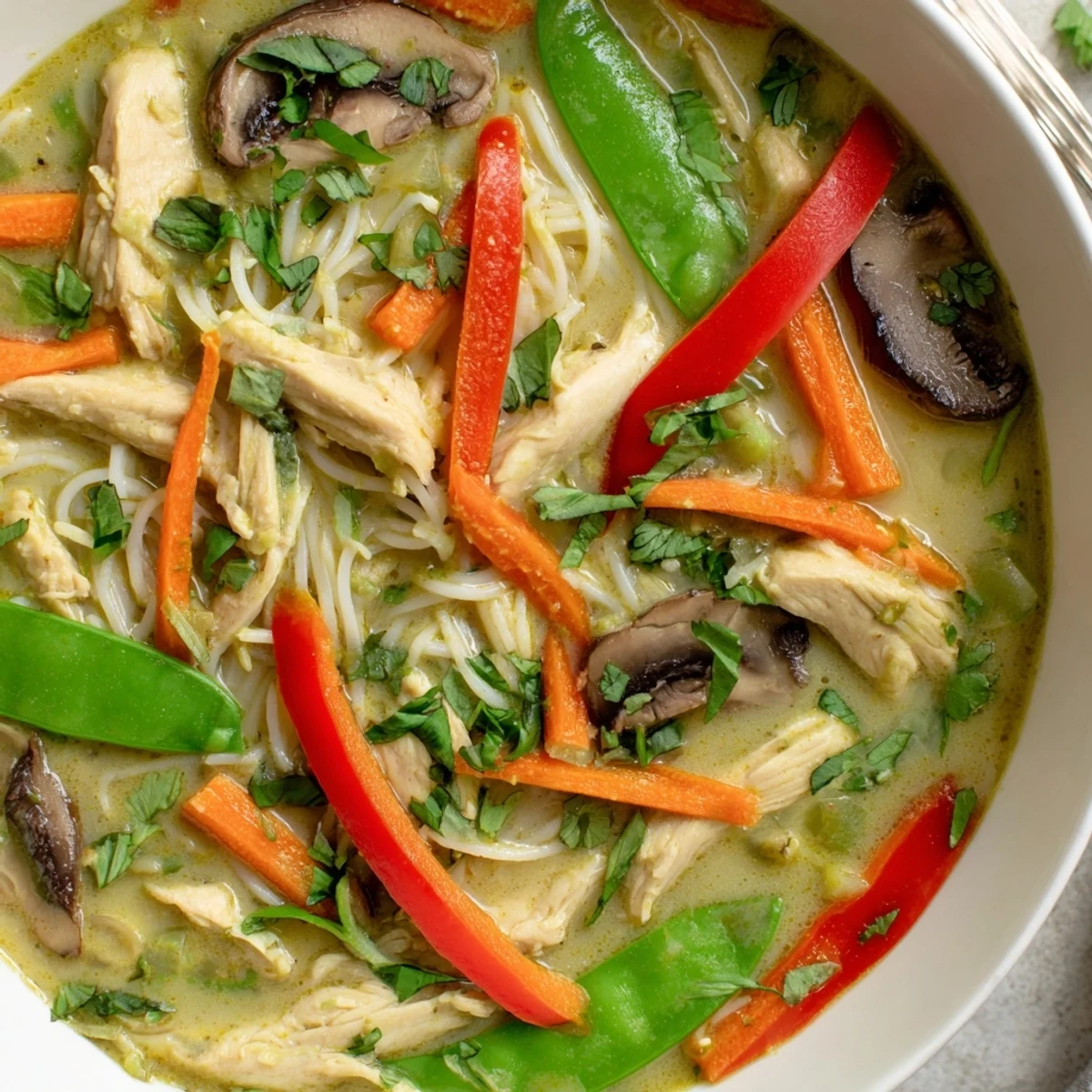 A close-up view of Thai Green Curry Chicken Noodle Soup steaming in a rustic bowl, garnished with cilantro and lime wedges.