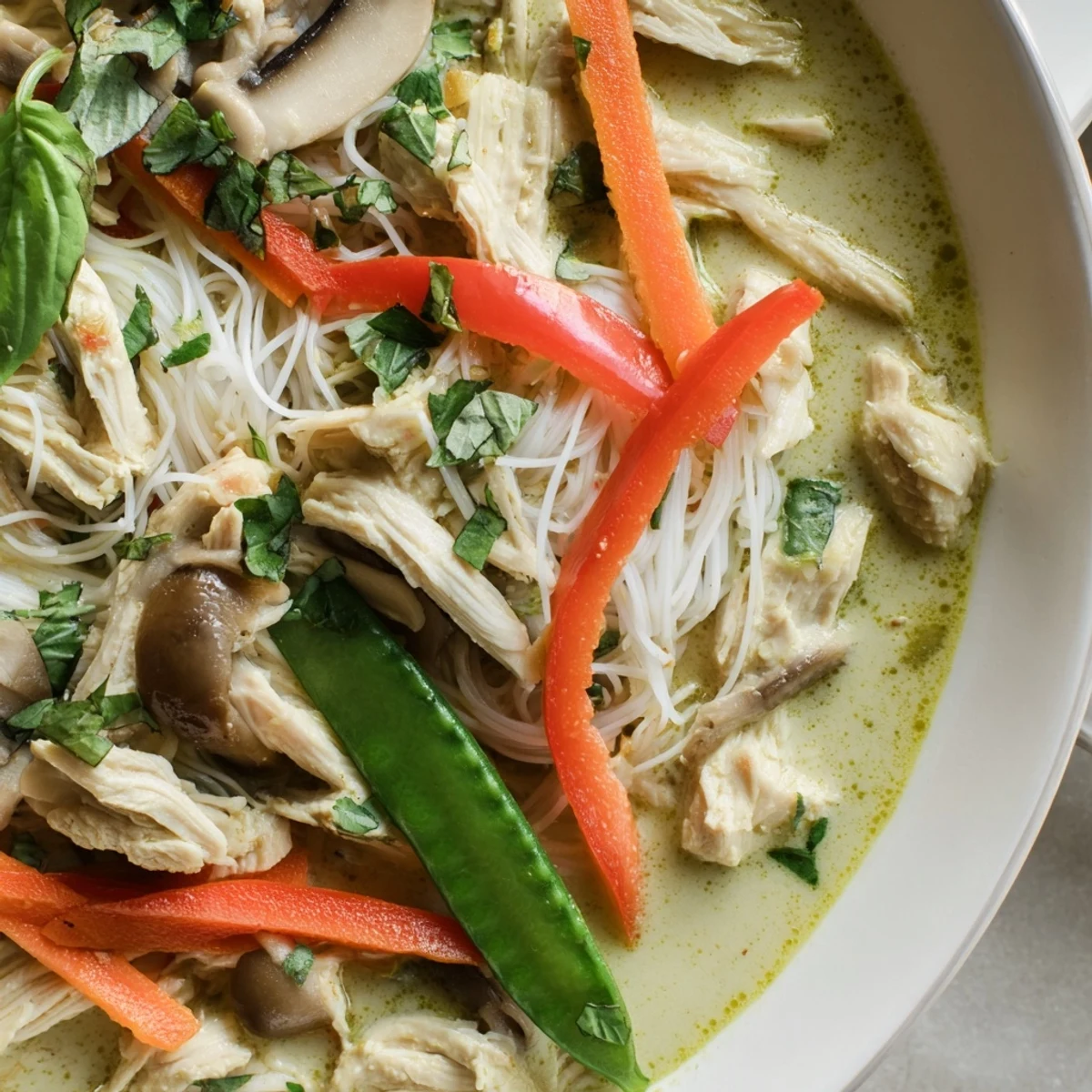 This Thai Green Curry Chicken Noodle Soup features vibrant vegetables and tender chicken slices swimming in a rich, creamy green broth.