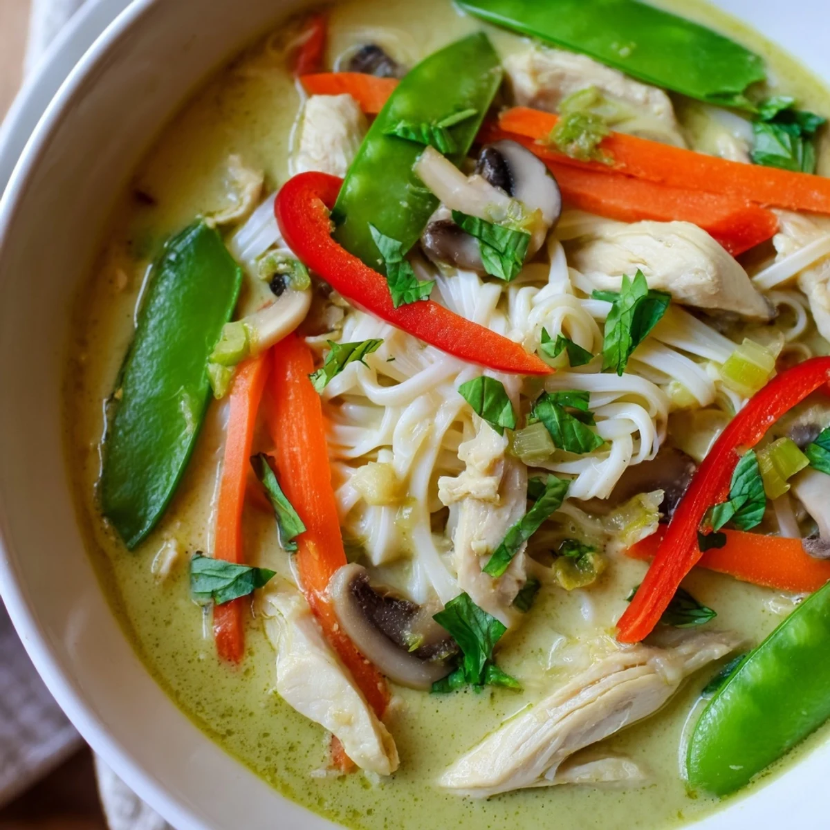 Enjoy a comforting bowl of Thai Green Curry Chicken Noodle Soup with chopsticks ready and fresh basil leaves scattered on top.