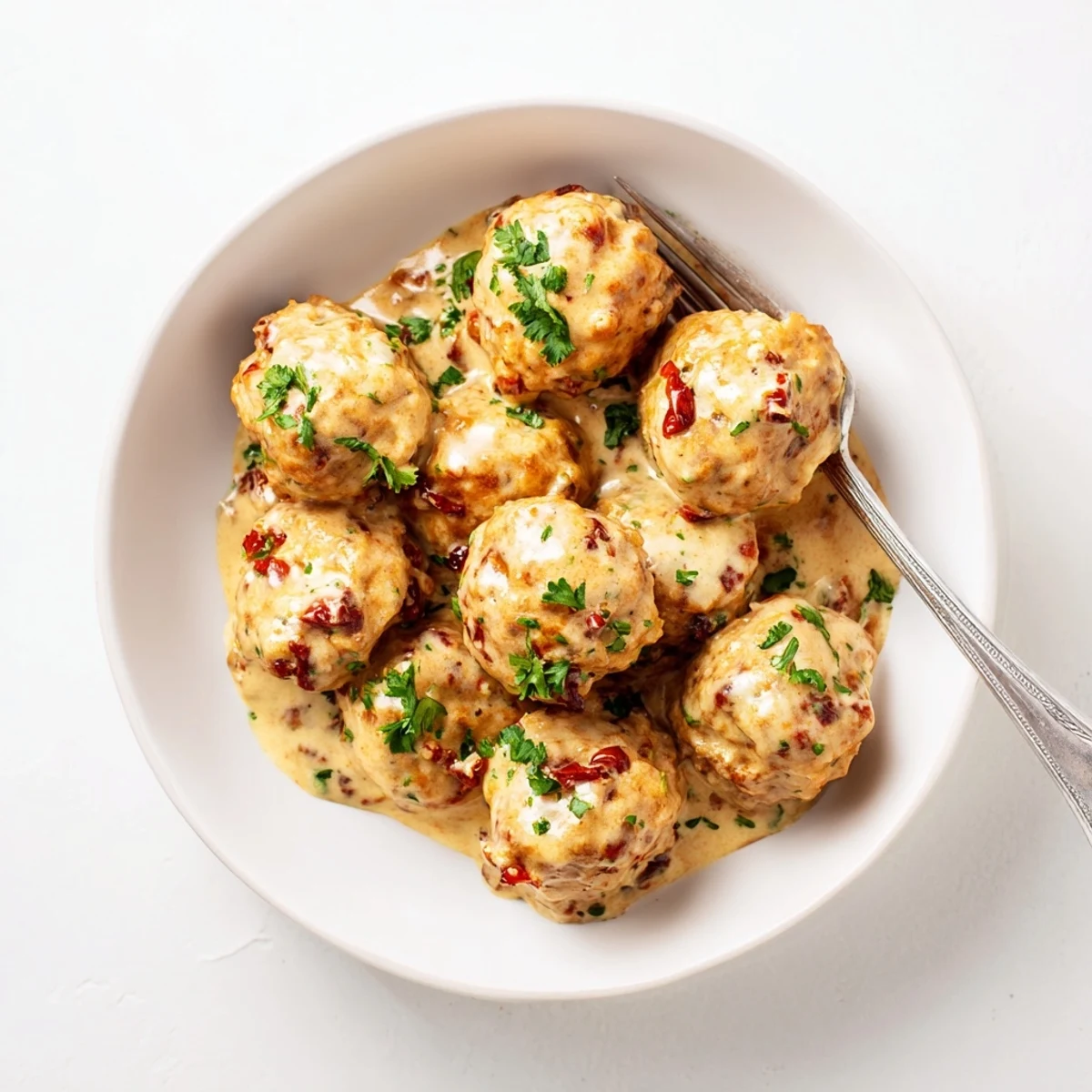 Golden-brown chicken and sun-dried tomato meatballs coated in a creamy, tangy mustard sauce, served over fluffy mashed potatoes.