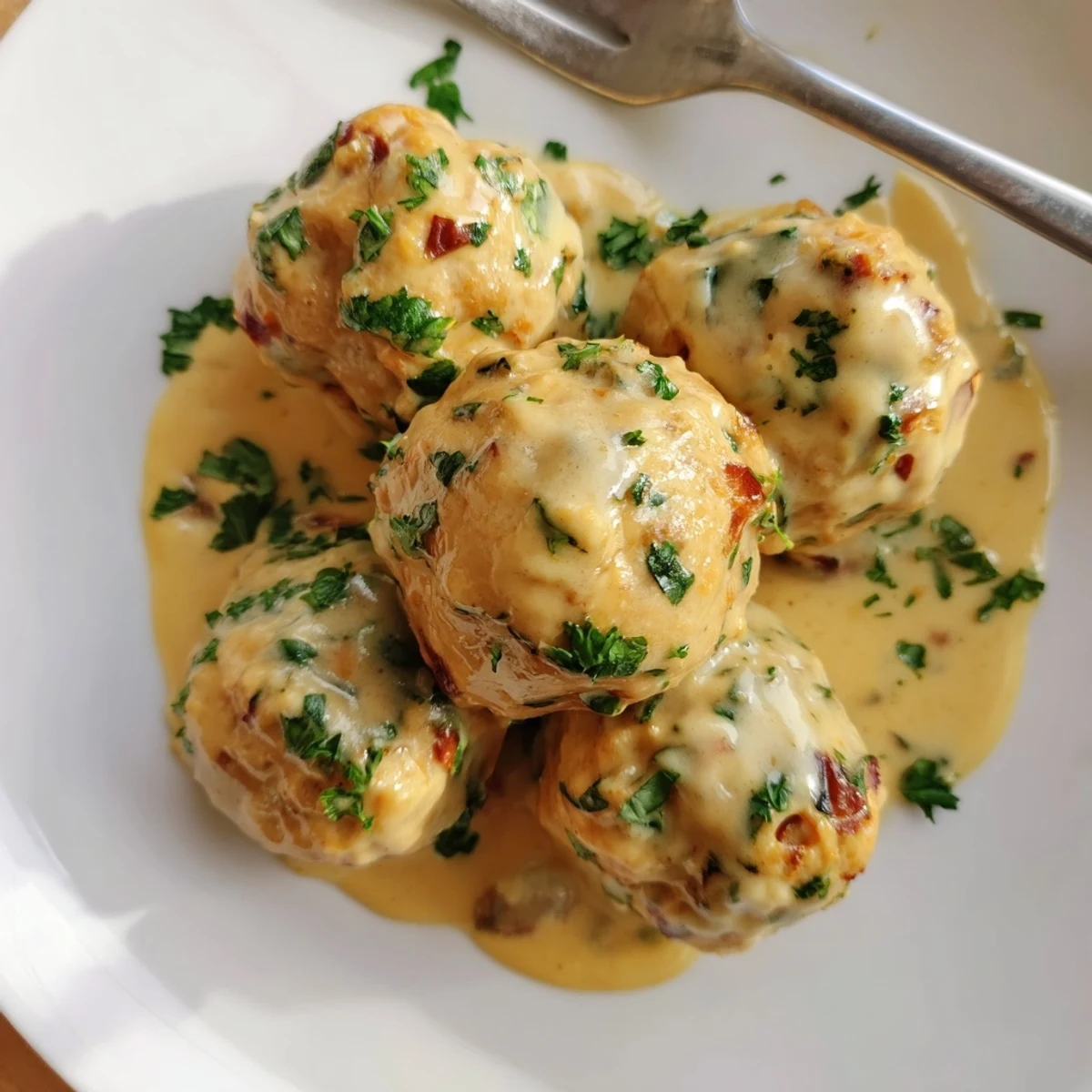 Close-up of gluten-free chicken and sun-dried tomato meatballs simmering in a rich Dijon cream sauce, garnished with fresh parsley.