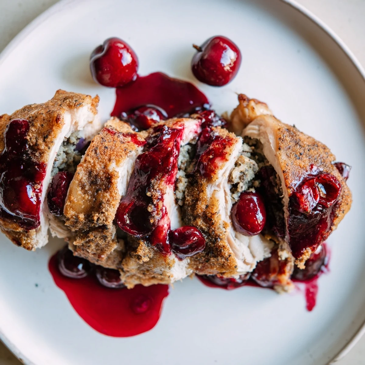 A serving plate holds a slice of cherry roast chicken with sage stuffing, alongside a small bowl of rich cherry sauce.