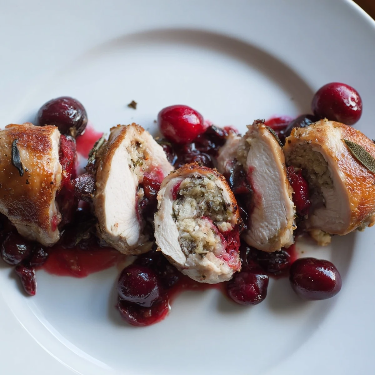 A whole roasted chicken with golden crispy skin sits stuffed with sage bread stuffing, with cherry sauce drizzled over the sliced meat.