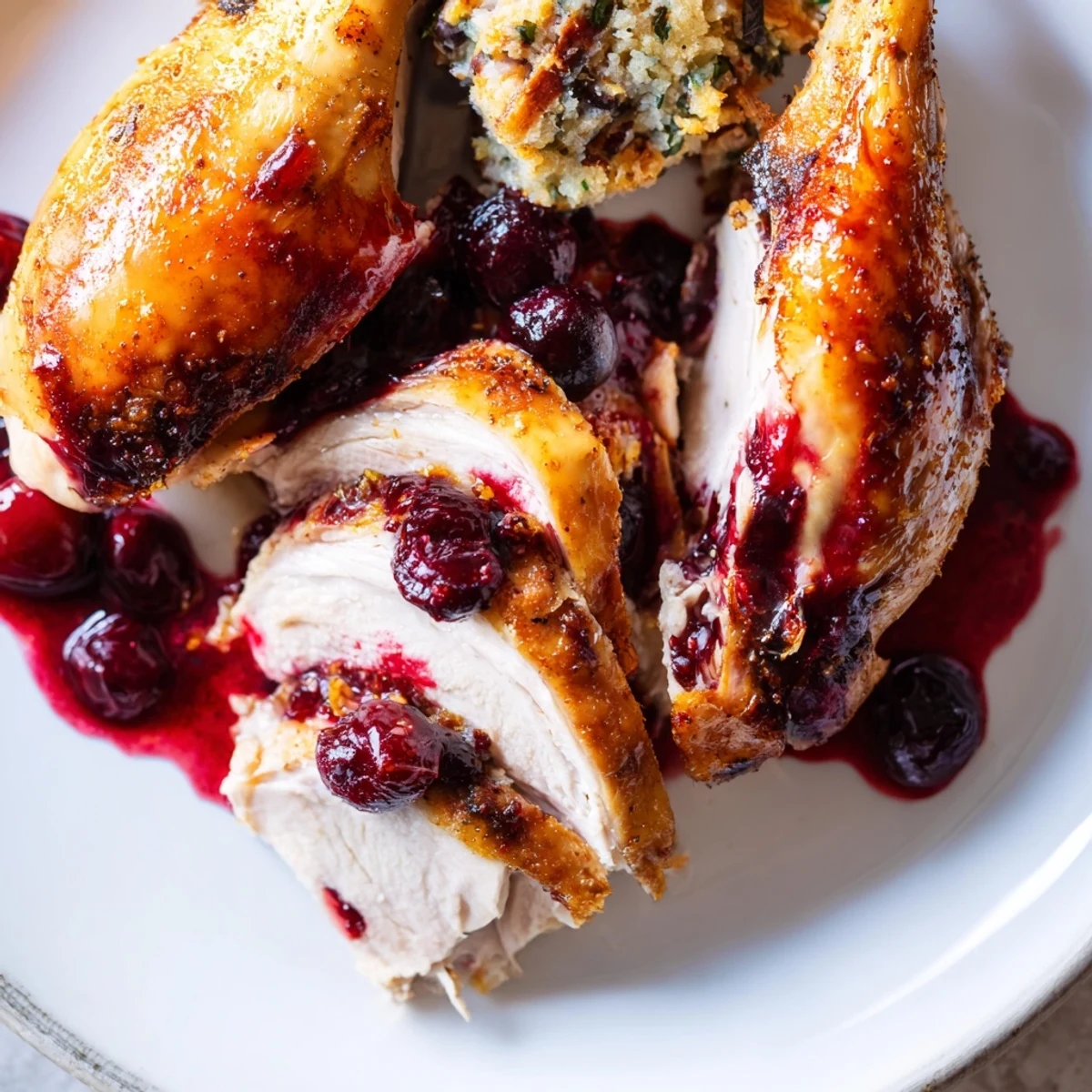 Herb-scented cherry roast chicken is carved on a wooden board, ready to be served with savory sage stuffing and glossy cherry sauce.