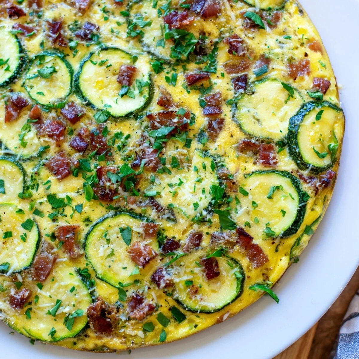 Freshly baked Zucchini Herb and Pancetta Frittata with golden edges sits sliced on a rustic wooden board.