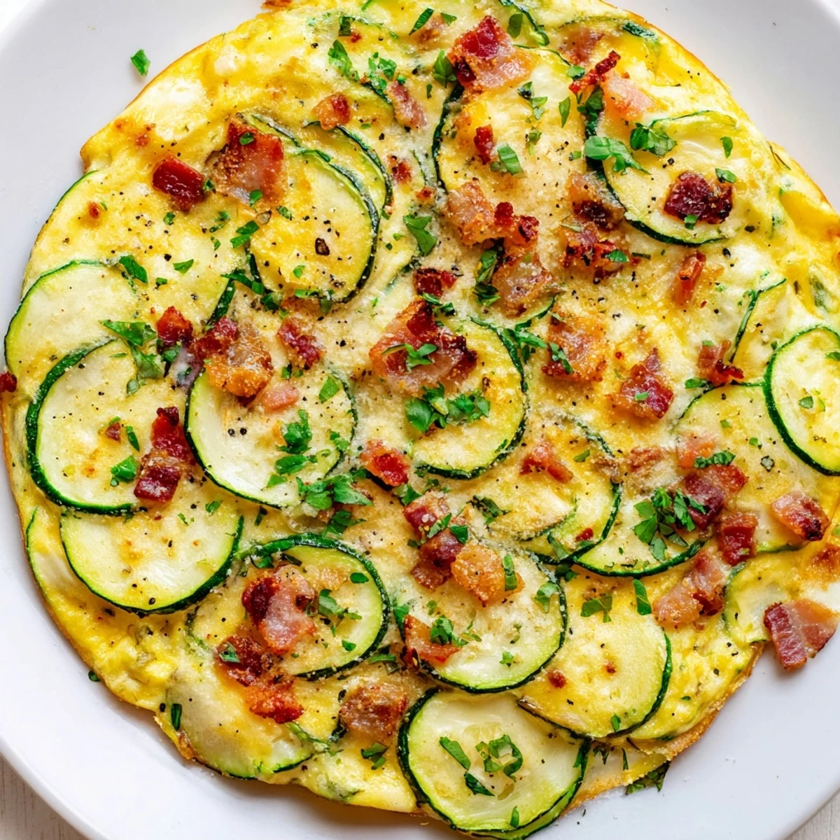 Savory Zucchini Herb and Pancetta Frittata featuring tender zucchini slices and crispy pancetta in a golden egg base.