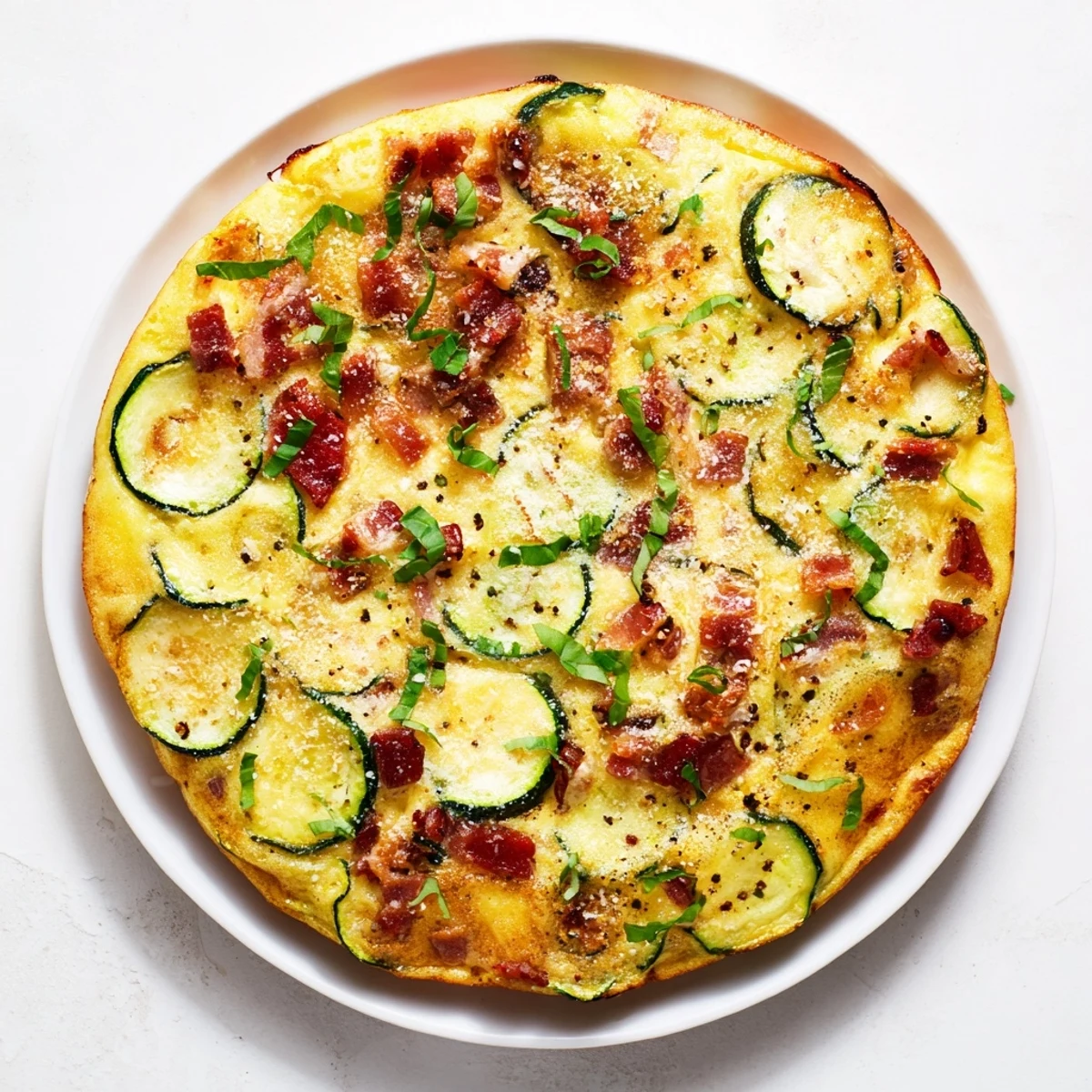 A close-up of Zucchini Herb and Pancetta Frittata garnished with fresh parsley and basil on a white plate.
