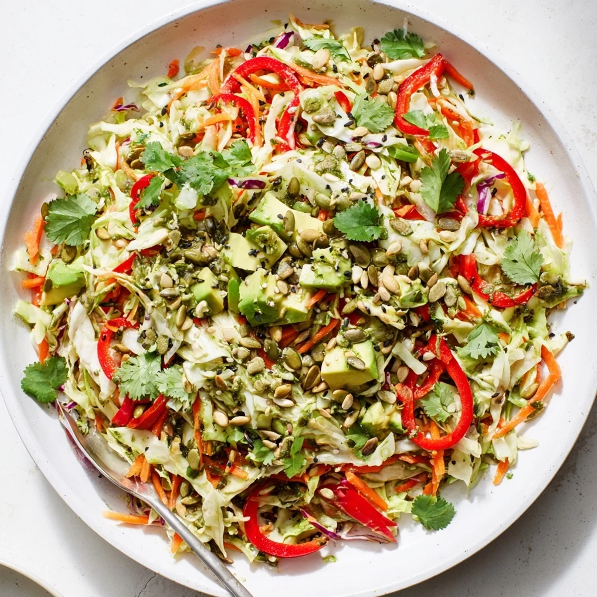 A fresh bowl of Avocado Cabbage Salad with creamy diced avocado and crisp shredded greens topped with toasted pumpkin seeds.
