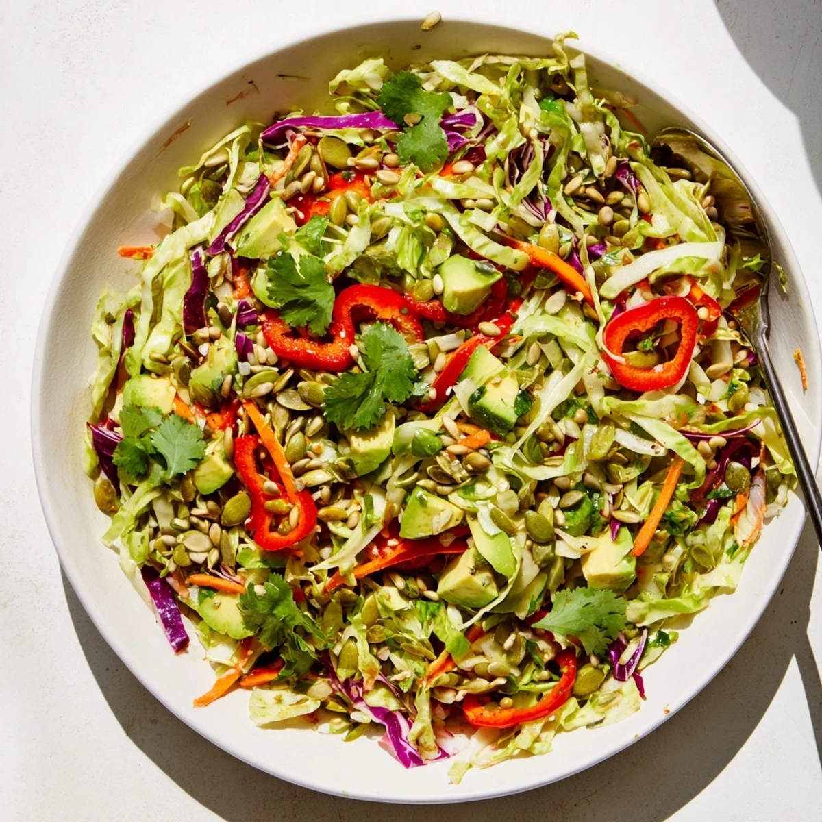 Close up of Avocado Cabbage Salad tossed in lime dressing, featuring vibrant red cabbage and bright julienned carrots.