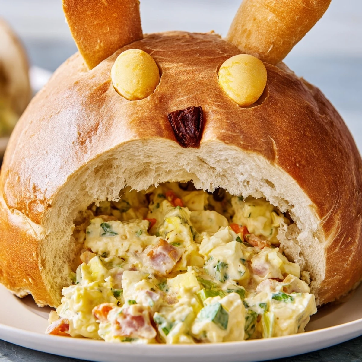 This festive Easter Bunny Cob with Egg Salad is garnished with carrot nose and chives, ready for a springtime brunch.