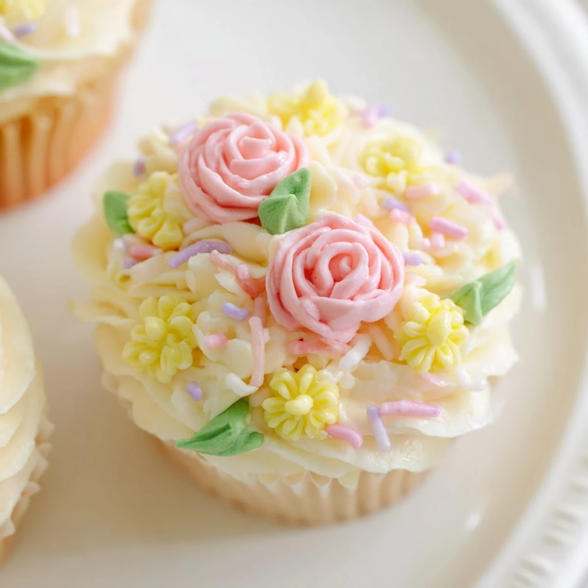 A plate of Baby In Bloom Cupcakes with pastel buttercream flowers and edible violet garnish.