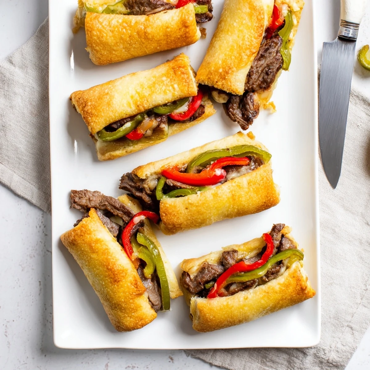 Golden-baked Ultimate Keto Philly Cheesesteak Rolls stuffed with tender steak, peppers, and onions on a baking sheet.