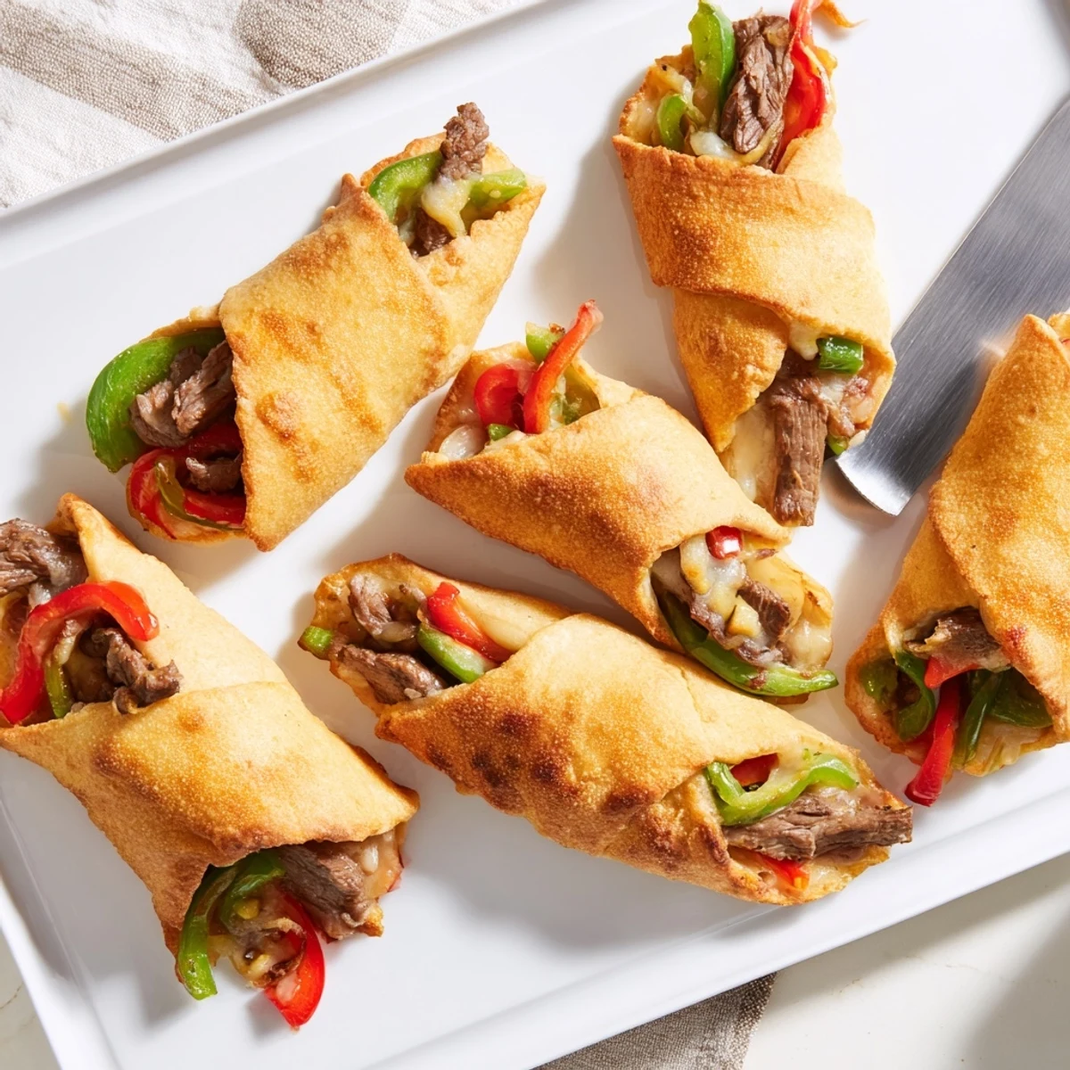 Freshly sliced Ultimate Keto Philly Cheesesteak Rolls reveal gooey provolone and savory low-carb filling inside.