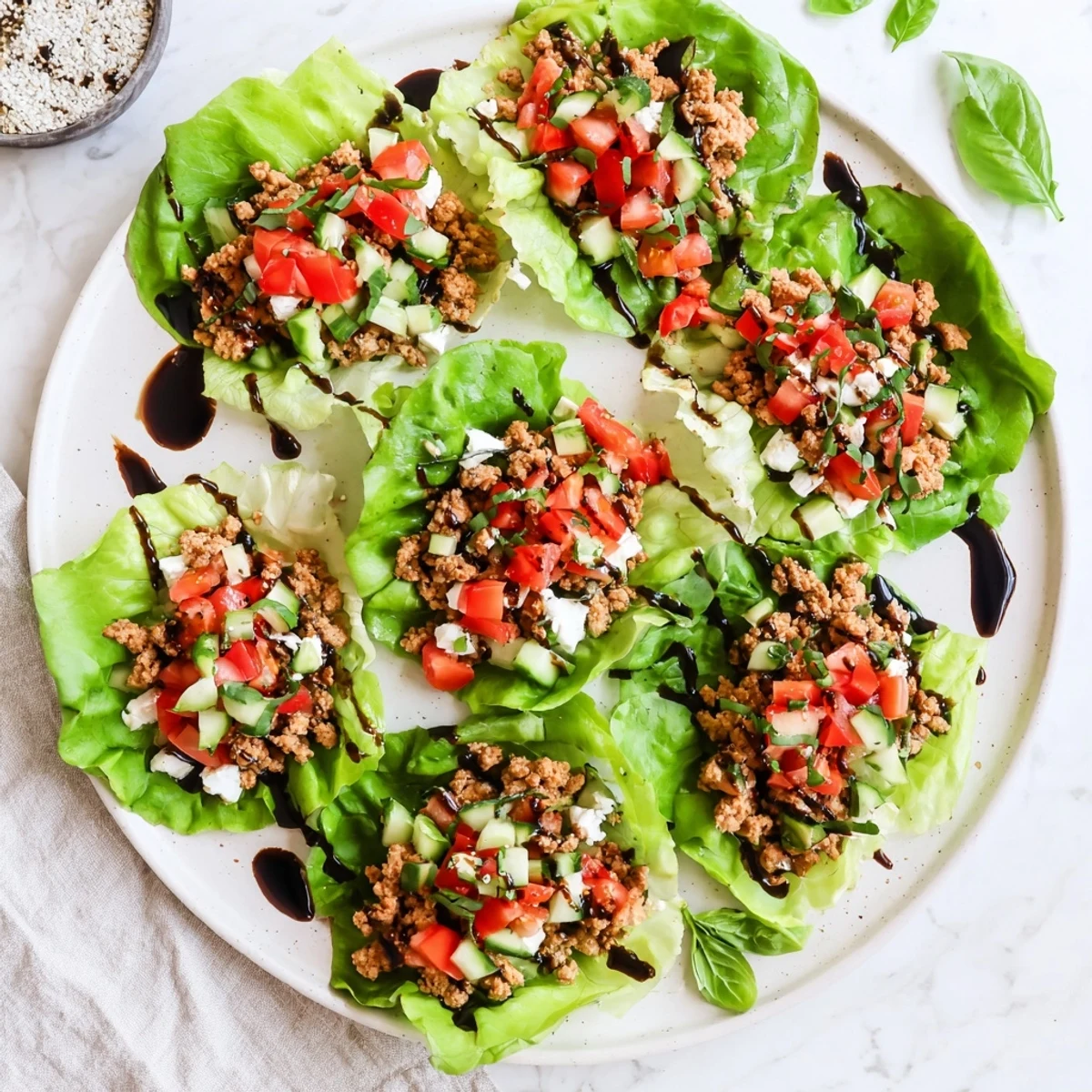 Fresh, crisp butter lettuce wraps filled with savory Italian-seasoned ground turkey, juicy tomatoes, and creamy mozzarella. 