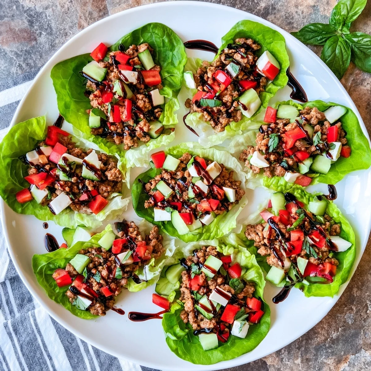 Savory Italian Lettuce Wraps with seasoned turkey, diced cucumbers, and a drizzle of balsamic glaze ready to serve. 