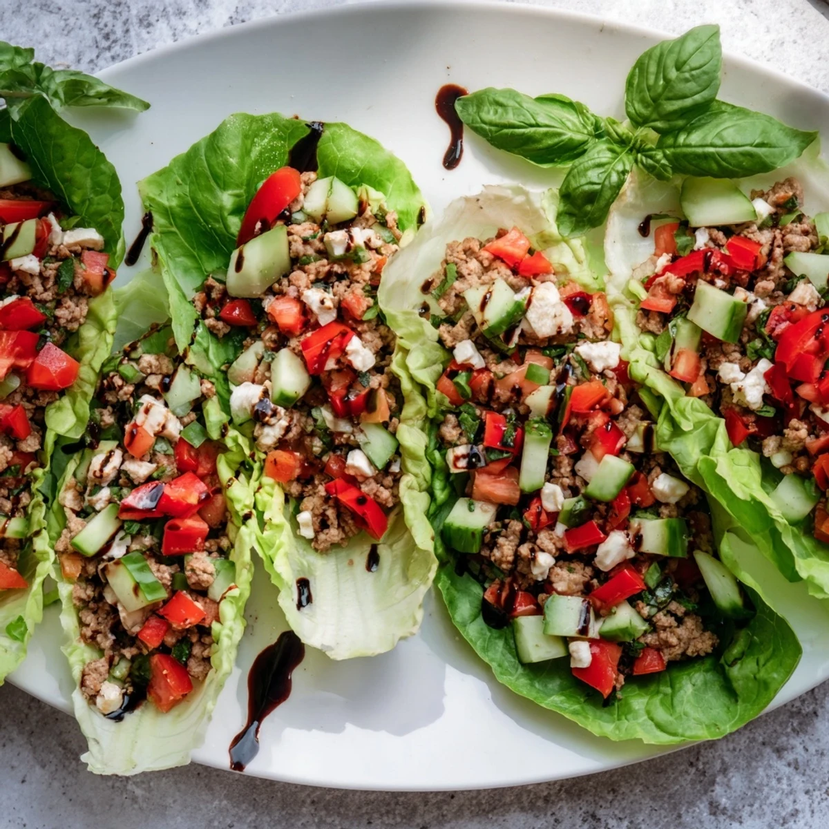Italian Lettuce Wraps stuffed with ground turkey, red bell peppers, mozzarella, and fresh basil for a low carb meal.