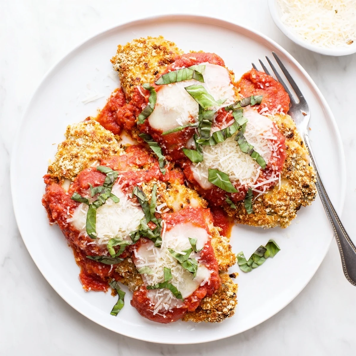 Golden-brown Keto Chicken Parmesan with bubbling mozzarella and rich marinara, served hot from the oven on a rustic plate.