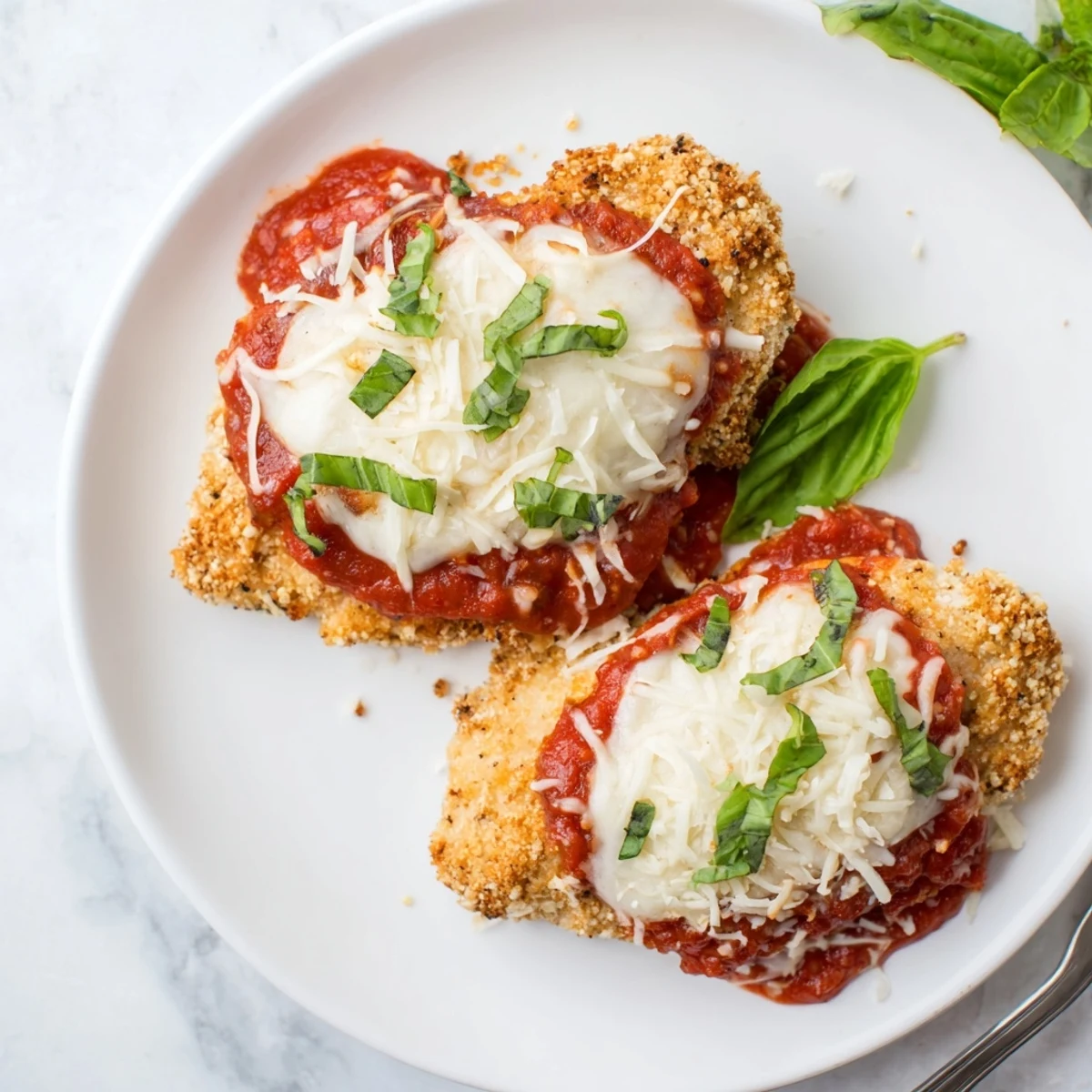 Tender Keto Chicken Parmesan plated with zoodles, fresh basil, and a sprinkle of Parmesan for a delicious Italian-inspired meal.