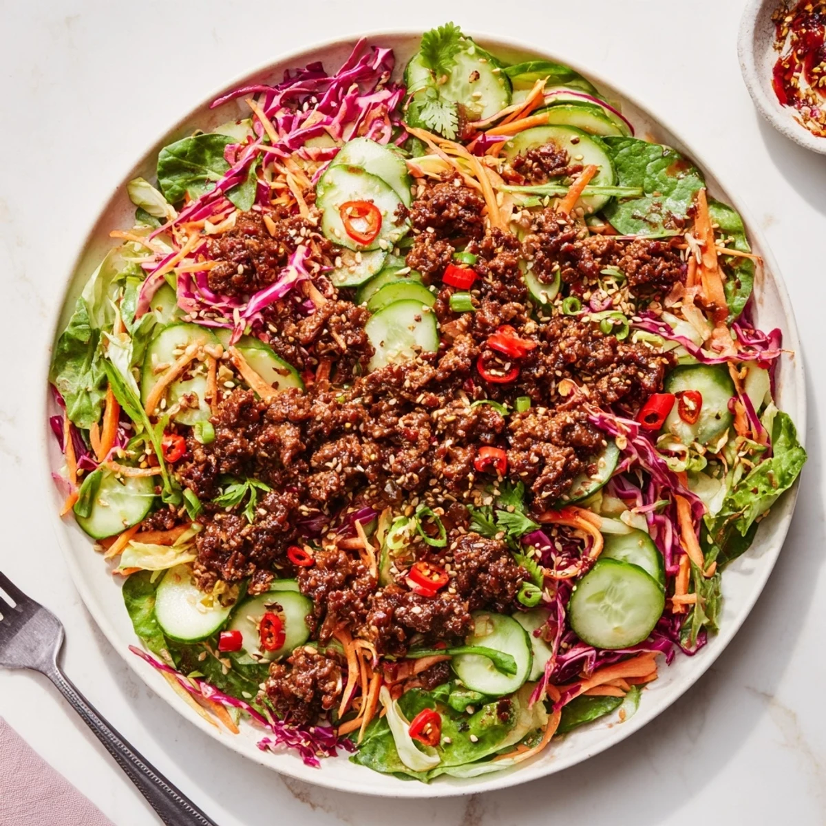 Hot Satisfy Your Cravings Spicy Keto Korean Ground Beef Salad with beef and sesame seeds.