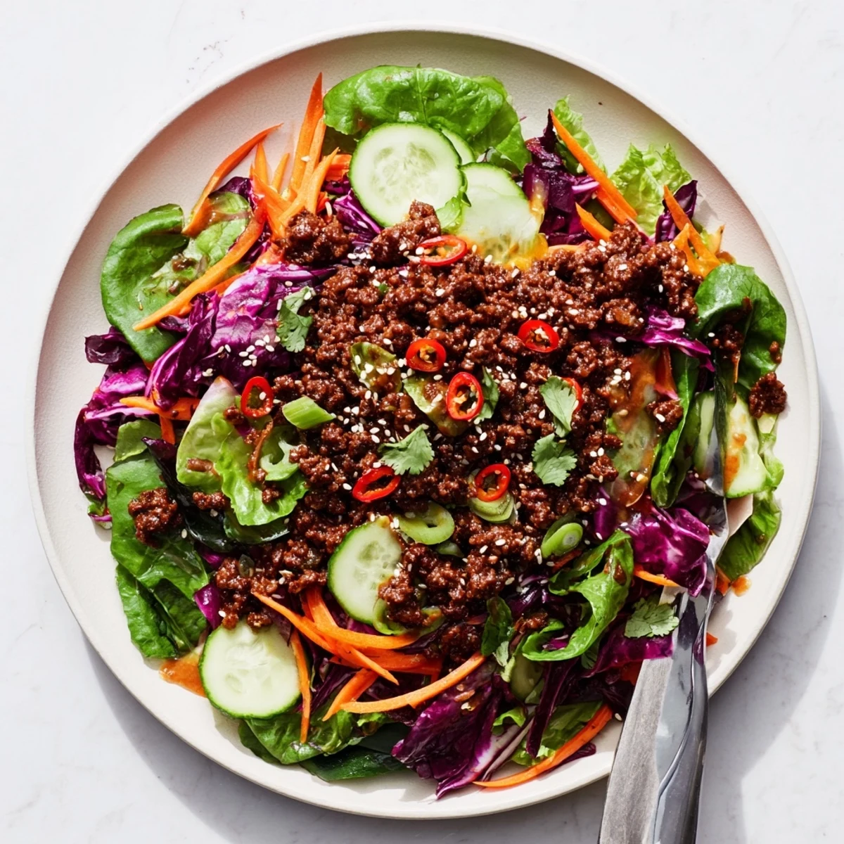 Satisfy Your Cravings Spicy Keto Korean Ground Beef Salad served in a white bowl.