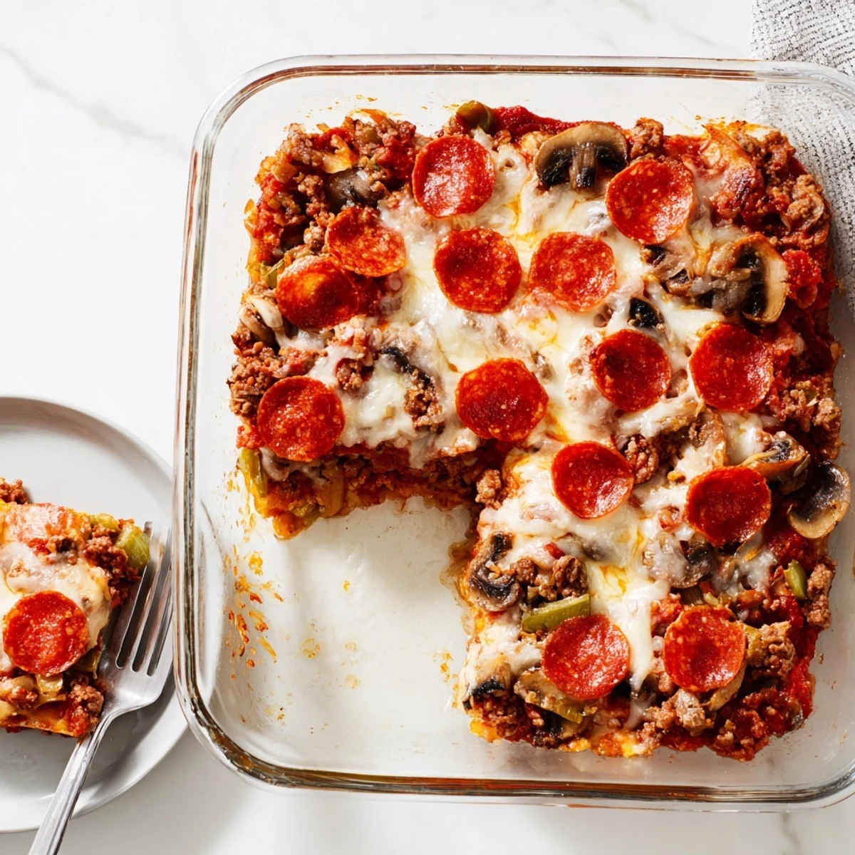 Easy Low Carb Keto Crustless Pizza Casserole served hot from the oven in a white dish, garnished with fresh parsley and red pepper flakes. 