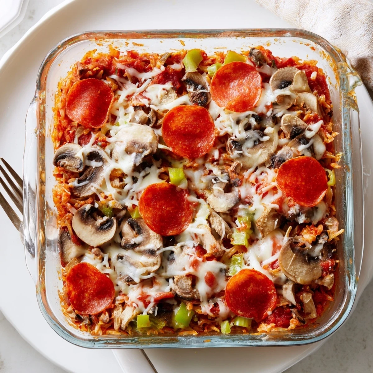 Close-up of Easy Low Carb Keto Crustless Pizza Casserole with golden, bubbling mozzarella, melted cheddar, and spicy pepperoni slices on a rustic wooden table. 