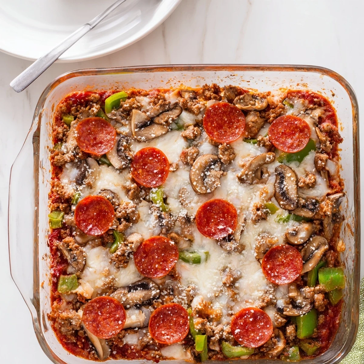 Slice of Easy Low Carb Keto Crustless Pizza Casserole lifted by a spatula, revealing layers of savory sausage, peppers, and gooey cheese.