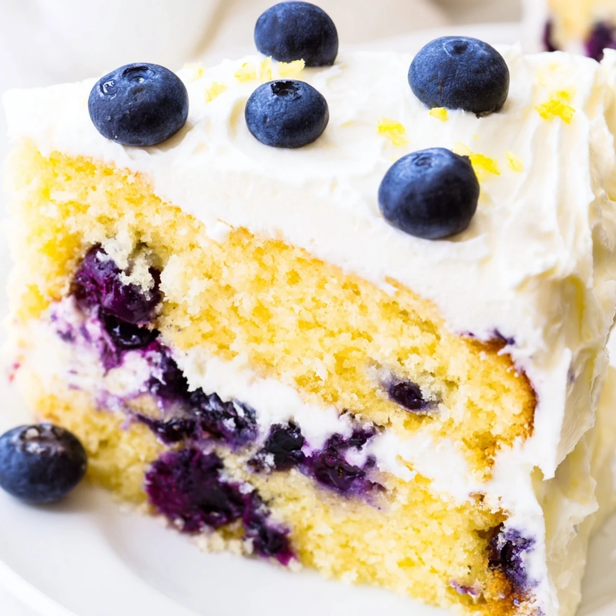 Moist Lemon Blueberry Cake with Cream Cheese Frosting and lemon zest garnish, ready for spring brunch or summer potluck gatherings.