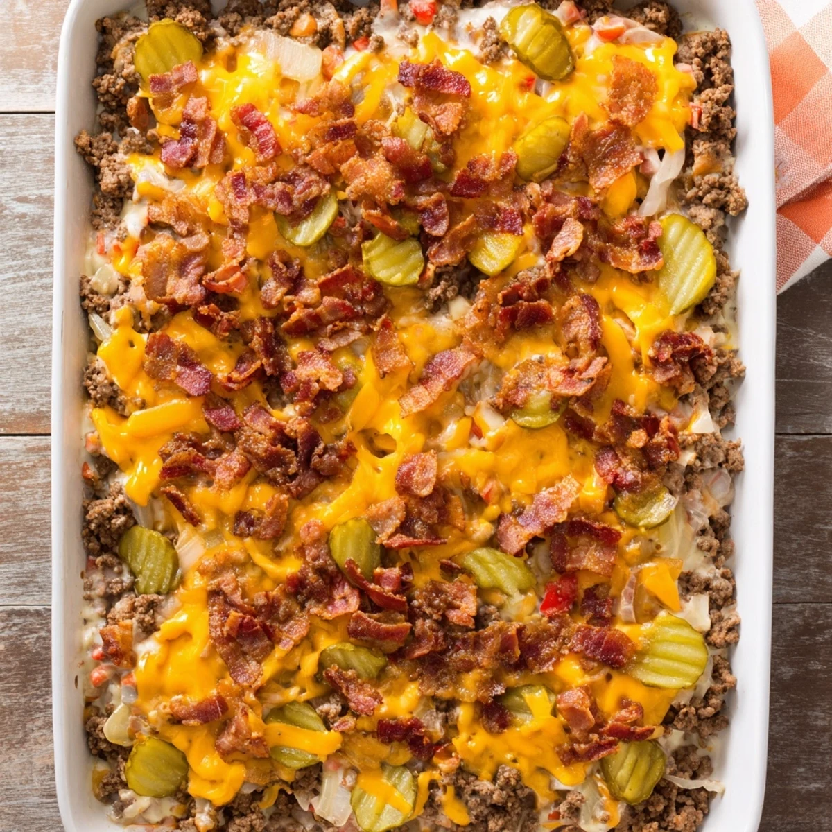 A close-up of Low Carb Bacon Cheeseburger Casserole shows melted cheddar and crispy bacon pieces bubbling in a ceramic baking dish.